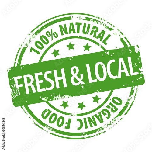 Fresh and Local 100 percent Natural organic food green rubber stamp icon isolated on white background. Eco bio food.