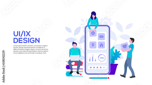 UI design concept with smartphone and people. Flat vector illustration. Landing page template for web.