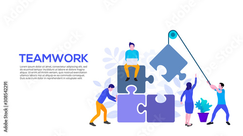 Vector teamwork design concept with puzzle and people. Business partnership illustration. Landing page template for web.