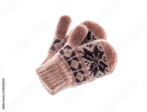 Winter wool mitts on a white background.