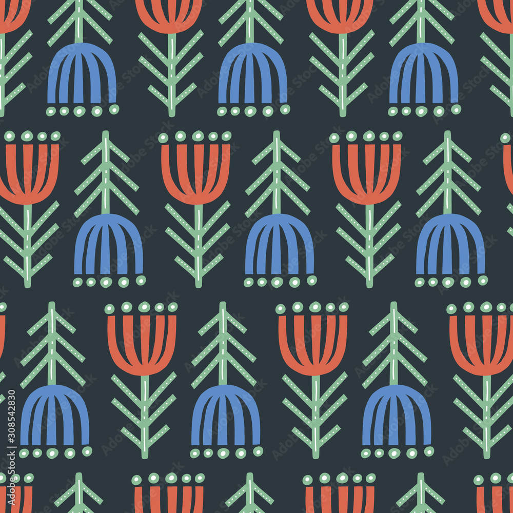 Red and blue blossom freehand seamless pattern. Cartoon flowers on black background. Hand drawn inverted green grass stems vector illustration. Textile, wallpaper, wrapping paper design idea Red and blue blossom freehand seamless pattern. Cartoon flowers on black background. Hand drawn inverted green grass stems vector illustration. Textile, wallpaper, wrapping paper design idea