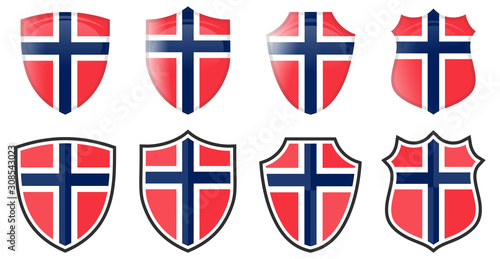 Vertical Norway flag in shield shape, four 3d and simple versions. Norwegian icon / sign