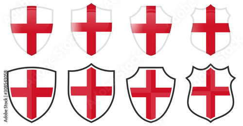 Vertical English Saint George flag in shield shape, four 3d and simple versions. England icon / sign