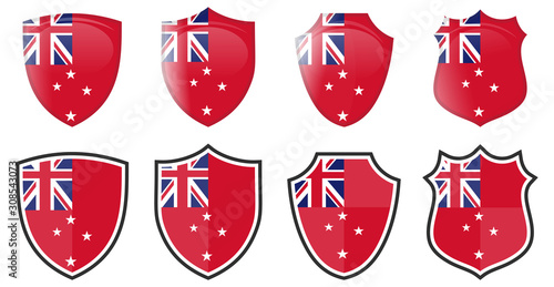 Vertical New Zealand red duster flag (civil ensign) in shield shape, four 3d and simple icons versions.