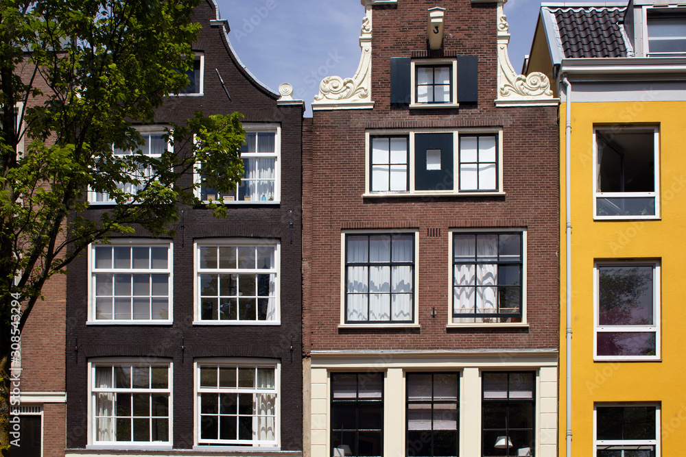 View of historical, traditional and typical buildings showing Dutch architectural style and a tree in Amsterdam. It is a sunny summer day.