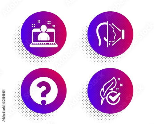 Face id, Question mark and Best manager icons simple set. Halftone dots button. Hypoallergenic tested sign. Phone scanning, Ask support, Best developer. Feather. Technology set. Vector