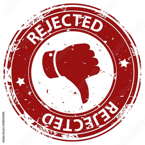 Rejected rubber stamp icon with thumb down symbol isolated on white background