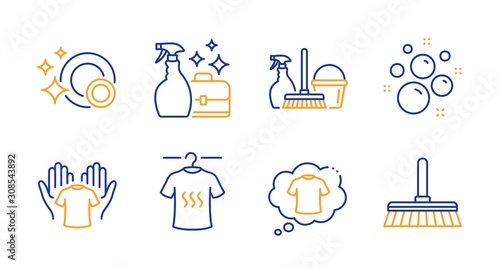 T-shirt, Household service and Hold t-shirt line icons set. Cleanser spray, Clean bubbles and Clean dishes signs. Cleaning mop symbol. Laundry shirt, Cleaning equipment. Cleaning set. Vector