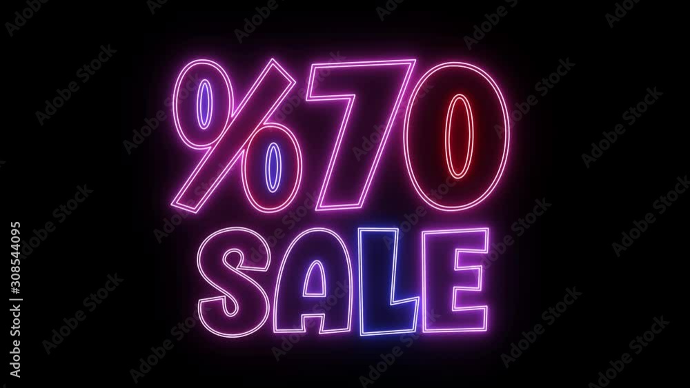 Neon shiny glowing %70 Sale text. Animation for promotions. Neon shiny glowing %70 Sale text. Animation for promotions.