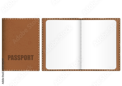 leather cover with stitched edges and embossed lettering. Mocap template of open white blank passport pages.