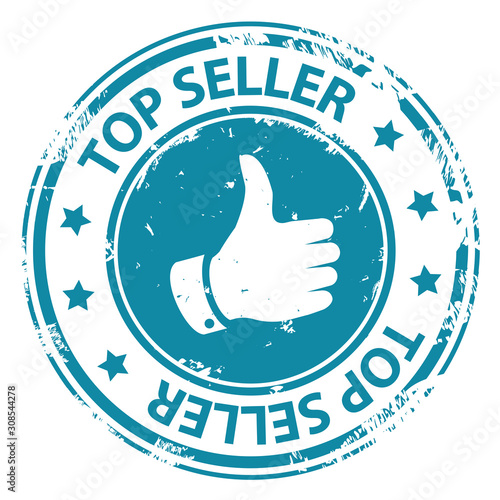 Top Seller recommended round rubber stamp with thumb up symbol icon isolated on white background.
