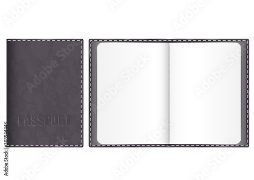 black and purple cover with embossed leather texture and stitched with thick thread edges. template mockup open pages of the document. the inscription " passport"