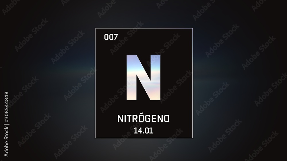 3D illustration of Nitrogen as Element 7 of the Periodic Table. Grey illuminated atom design background with orbiting electrons. Name, atomic weight, element number in Spanish language 3D illustration of Nitrogen as Element 7 of the Periodic Table. Grey illuminated atom design background with orbiting electrons. Name, atomic weight, element number in Spanish language