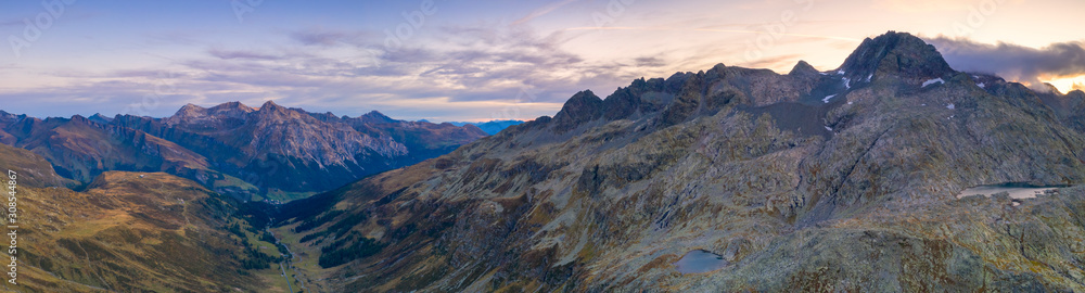 Aerial panoramic of Spluga road towards Splugen and Laghi Azzurri (Bergseeli), canton of Graubunden Aerial panoramic of Spluga road towards Splugen and Laghi Azzurri (Bergseeli), canton of Graubunden