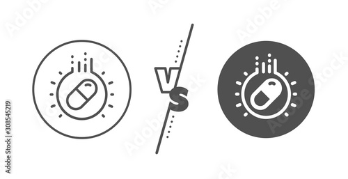 Medical drugs sign. Versus concept. Capsule pill line icon. Pharmacy medication symbol. Line vs classic capsule pill icon. Vector