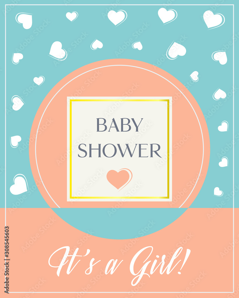 Obraz premium Minimal design Baby shower invitation card vector illustration. It's a Girl text. 