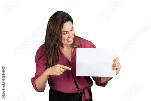 Caucasian woman smiling holding a sign on white background.