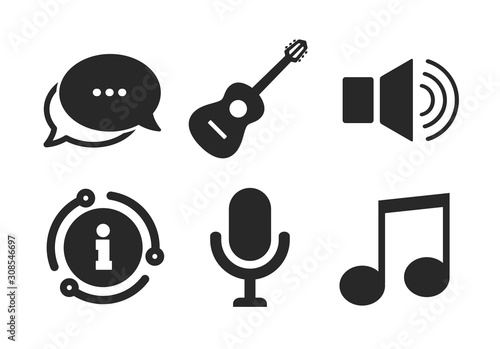 Microphone and Sound speaker symbols. Chat, info sign. Musical elements icons. Music note and acoustic guitar signs. Classic style speech bubble icon. Vector