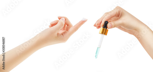 Collage of female hand with cream and glass dropper.