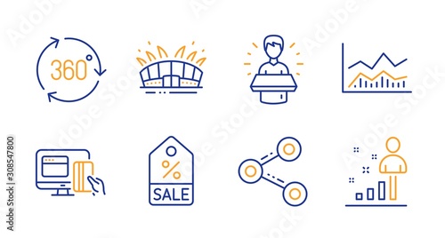 Share, 360 degree and Arena stadium line icons set. Sale coupon, Online payment and Brand ambassador signs. Trade infochart, Stats symbols. Follow network, Virtual reality. Business set. Vector