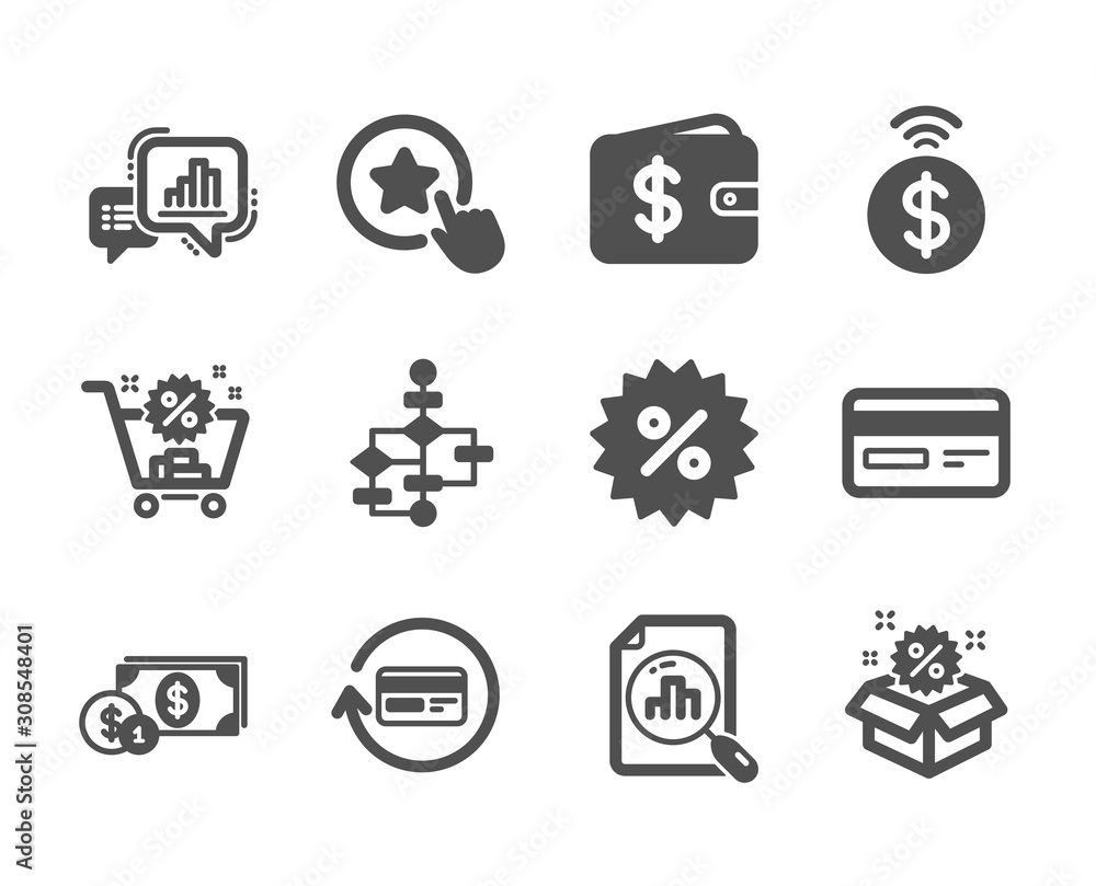 Set of Finance icons, such as Sale, Dollar wallet, Analytics graph, Refund commission, Graph chart, Block diagram, Dollar money, Discount, Contactless payment, Shopping cart, Credit card. Vector