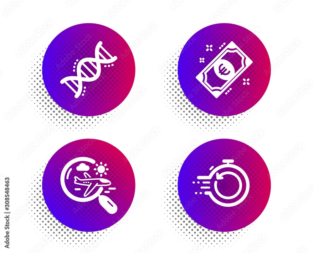 Euro money, Chemistry dna and Search flight icons simple set. Halftone dots button. Fast recovery sign. Cash, Chemical formula, Airplane trip. Backup timer. Business set. Vector