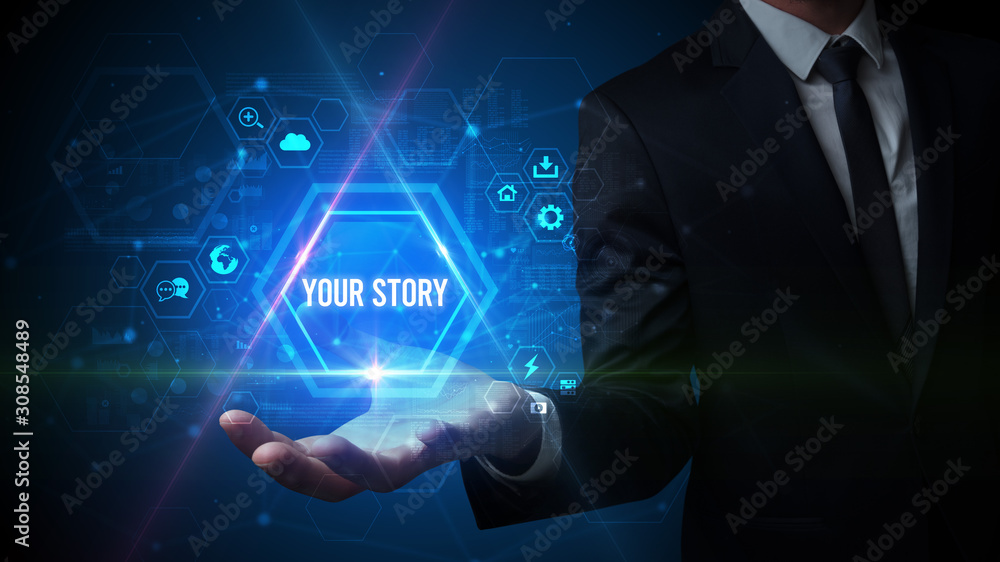Fototapeta premium Man hand holding YOUR STORY inscription, social media concept