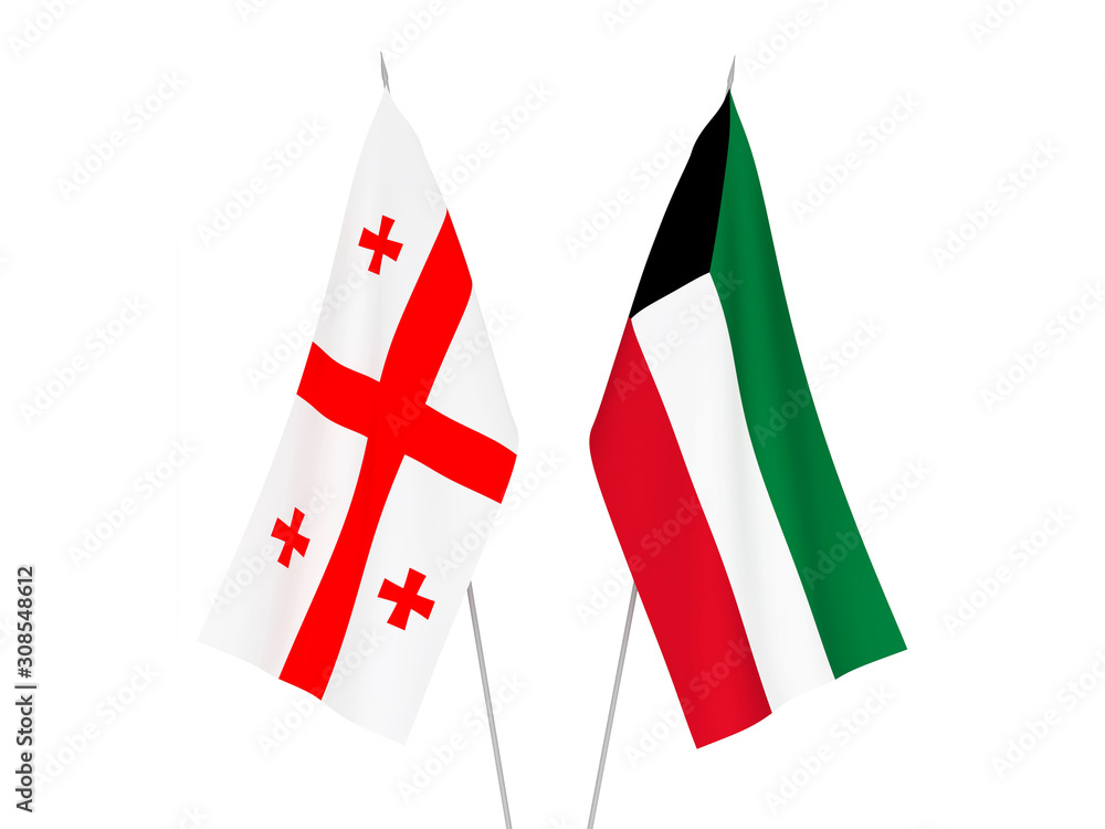 National fabric flags of Kuwait and Georgia isolated on white background. 3d rendering illustration.