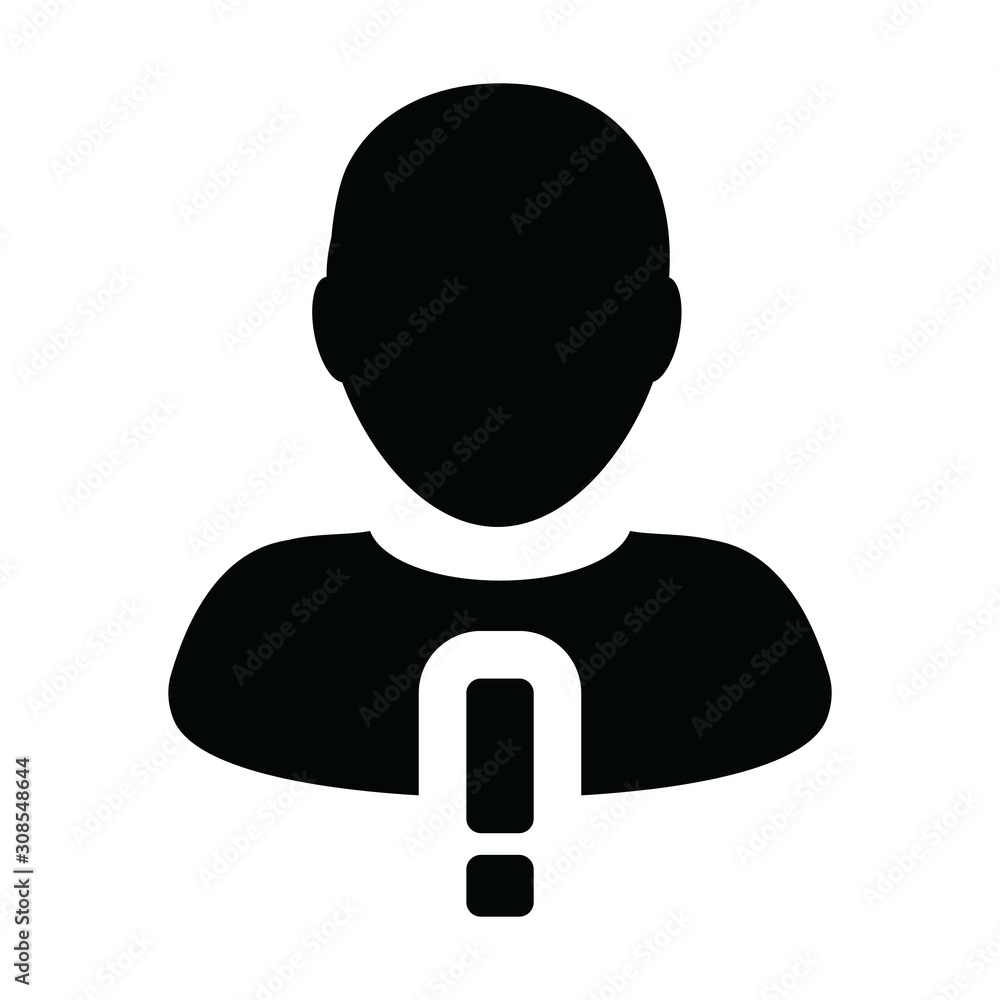 Warning icon vector male person profile avatar symbol with alert sign in a glyph pictogram illustration Warning icon vector male person profile avatar symbol with alert sign in a glyph pictogram illustration