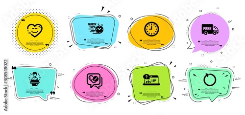 Smile chat, Loop and Free delivery line icons set. Chat bubbles with quotes. Clock, Medical drugs and Quick tips signs. Online help, Brand ambassador symbols. Heart face, Refresh. Business set. Vector