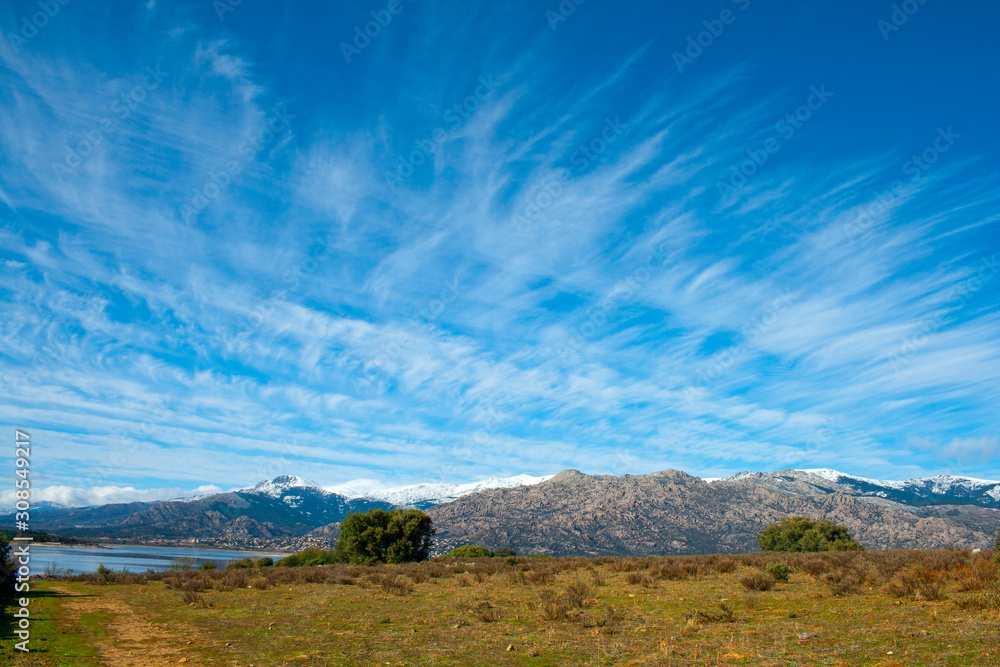 General view of the Guadarrama Range National Park from its southern slope on a sunny winter day.
