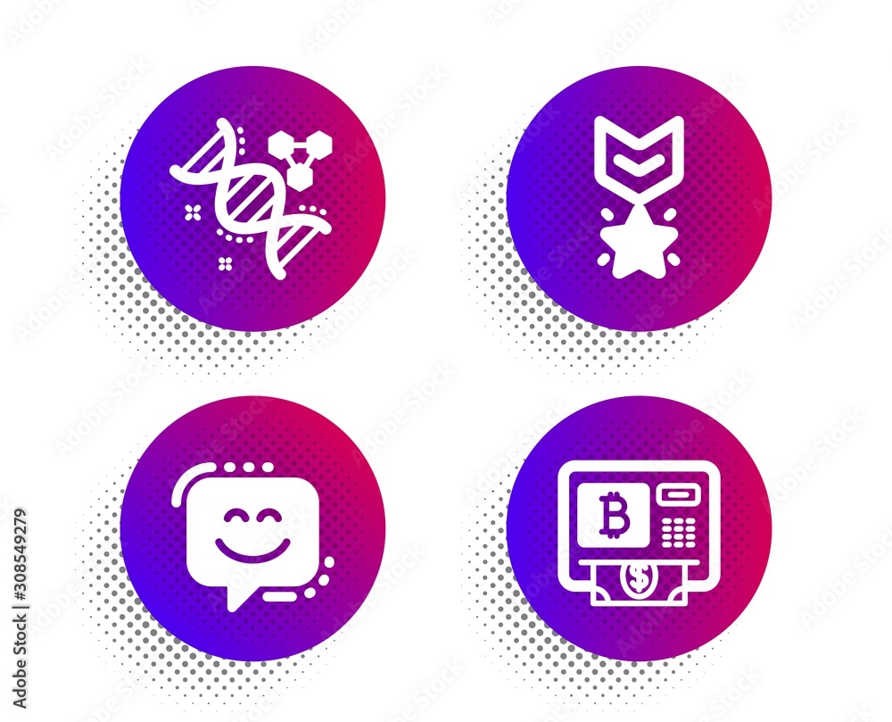 Smile face, Winner medal and Chemistry dna icons simple set. Halftone dots button. Bitcoin atm sign. Chat, Ranking star, Chemical formula. Cryptocurrency change. Technology set. Vector