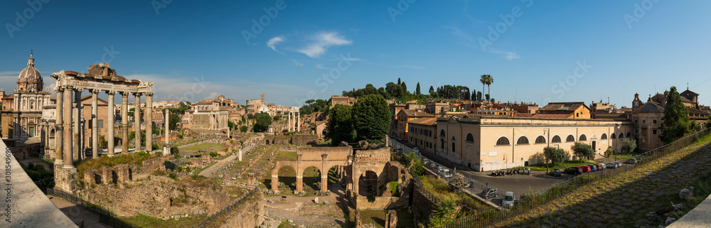 Panoramic view of the antique ruins Roman forum view from the Capitoline Hill at summer sunny day in Rome in the province of Lazio, Italy