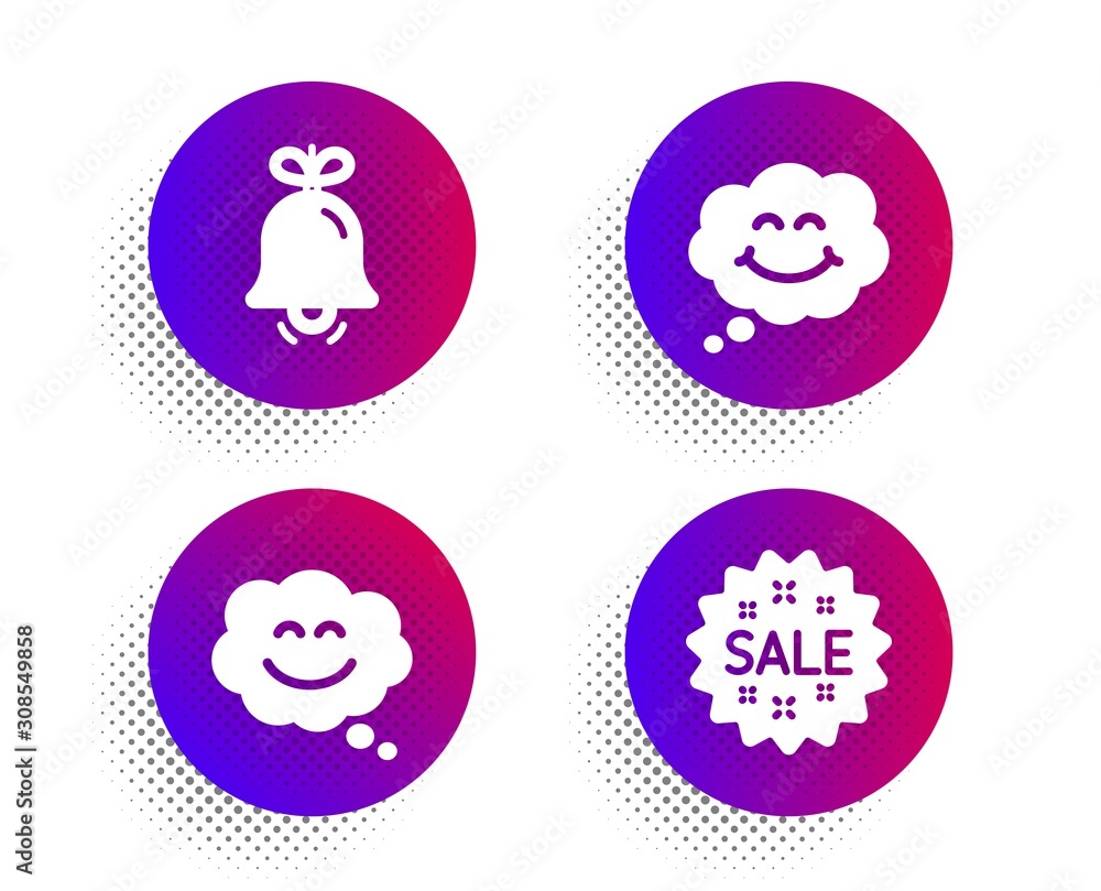 Smile chat, Bell and Smile icons simple set. Halftone dots button. Sale sign. Happy face, Alarm signal, Comic chat. Shopping star. Holidays set. Classic flat smile chat icon. Vector