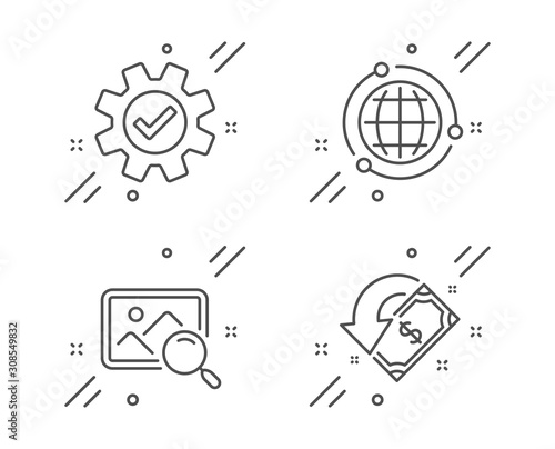 Search photo, Service and Globe line icons set. Cashback sign. Find image, Cogwheel gear, Internet world. Receive money. Technology set. Line search photo outline icon. Vector