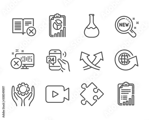 Set of Technology icons, such as Intersection arrows, Strategy, Report, Checklist, Video camera, 24h service, Reject book, Employee hand, World globe, Reject access, New products. Vector