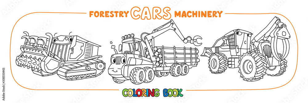 Forestry machinery cars with eyes coloring set