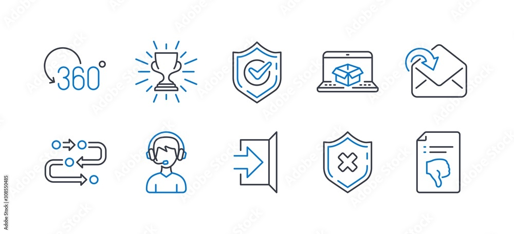 Set of Business icons, such as Reject protection, Online delivery, Exit, Receive mail, Full rotation, Confirmed, Consultant, Methodology, Trophy, Thumb down line icons. Vector Set of Business icons, such as Reject protection, Online delivery, Exit, Receive mail, Full rotation, Confirmed, Consultant, Methodology, Trophy, Thumb down line icons. Vector