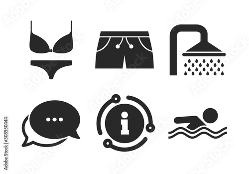 Shower water drops and swimwear symbols. Chat, info sign. Swimming pool icons. Human swims in sea waves sign. Trunks and women underwear. Classic style speech bubble icon. Vector
