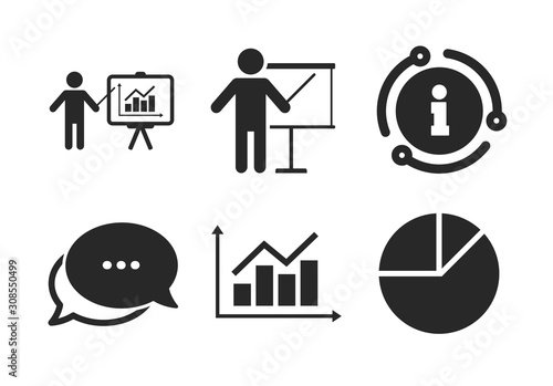 Presentation billboard symbol. Chat, info sign. Diagram graph Pie chart icon. Supply and demand. Man standing with pointer. Classic style speech bubble icon. Vector