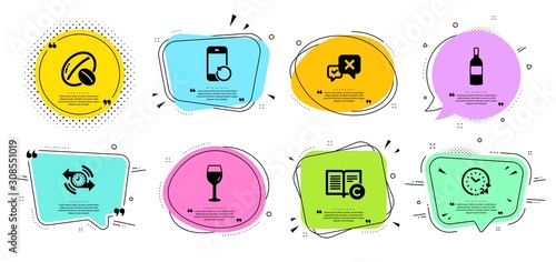 Recovery phone, Timer and Copyright line icons set. Chat bubbles with quotes. Wine bottle, 24 hours and Reject signs. Soy nut, Wine glass symbols. Backup smartphone, Stopwatch. Business set. Vector