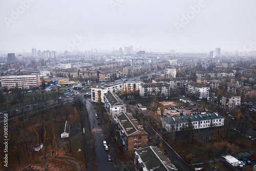 Aerial view of residential district in a foggy day.View over the city rooftops.Moderns buildings at Industrial uptown,residential neighbourhood/Urban cityscape