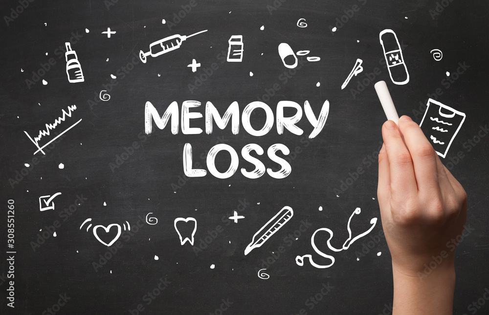 Hand drawing MEMORY LOSS inscription with white chalk on blackboard, medical concept Hand drawing MEMORY LOSS inscription with white chalk on blackboard, medical concept
