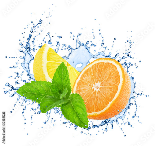 Cutted orange and lemon with mint in water splashes isolated on white background.