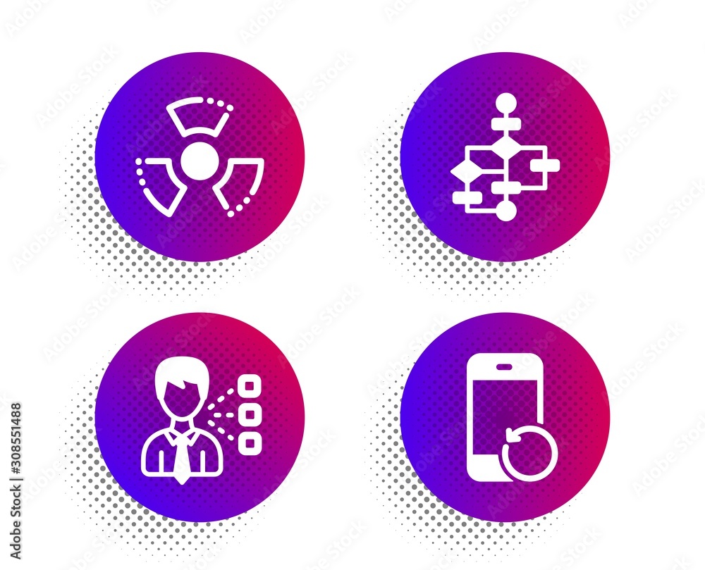 Third party, Chemical hazard and Block diagram icons simple set. Halftone dots button. Recovery phone sign. Team leader, Toxic, Algorithm path. Backup smartphone. Technology set. Vector Third party, Chemical hazard and Block diagram icons simple set. Halftone dots button. Recovery phone sign. Team leader, Toxic, Algorithm path. Backup smartphone. Technology set. Vector