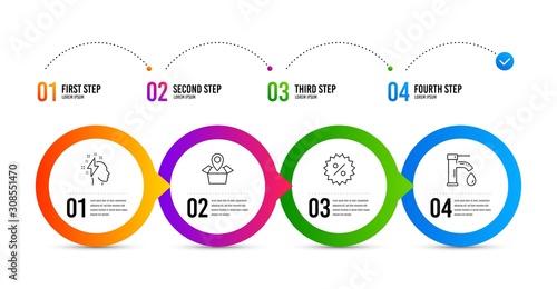 Brainstorming, Discount and Package location line icons set. Timeline infographic. Tap water sign. Lightning bolt, Special offer, Delivery tracking. Faucet. Business set. Brainstorming icon. Vector