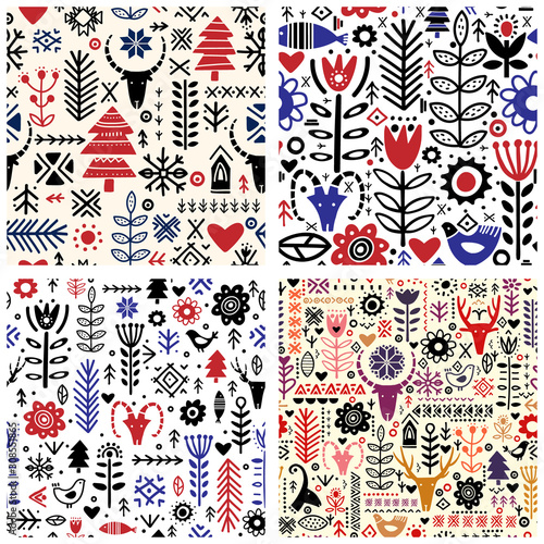 Plants and deer in nordic style seamless pattern.