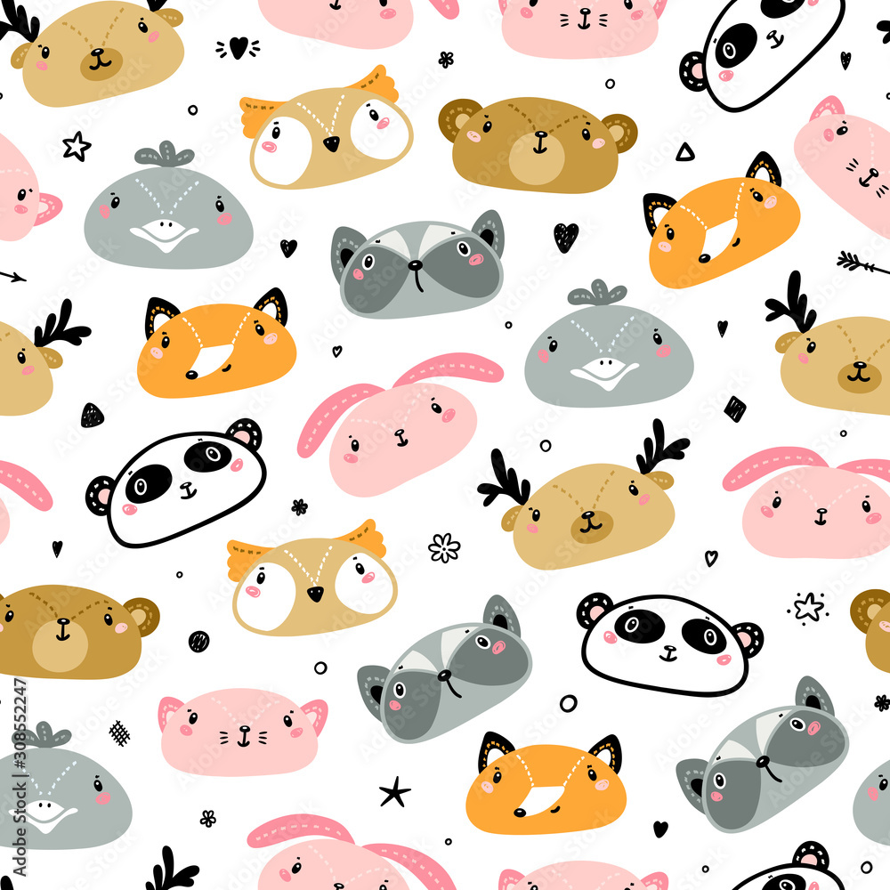 Obraz premium Cute Animals Faces Seamless pattern. Doodle Cartoon Animal Heads. Vector Background for Kids Fashion Design