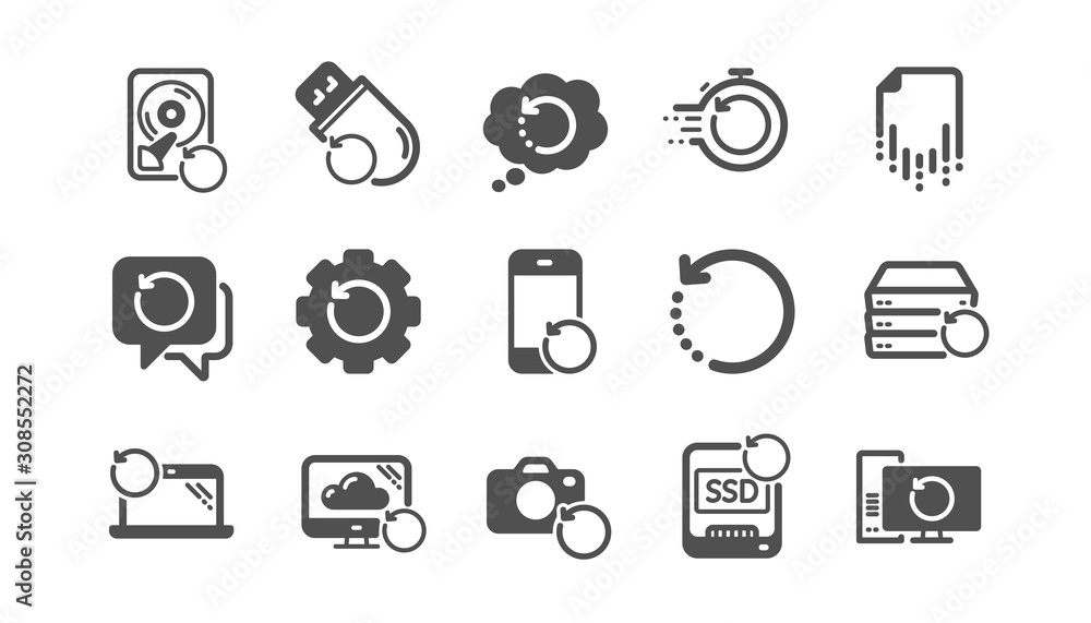 Recovery icons. Backup, Restore data and recover file. Laptop renew, drive repair and phone recovery icons. Classic set. Quality set. Vector