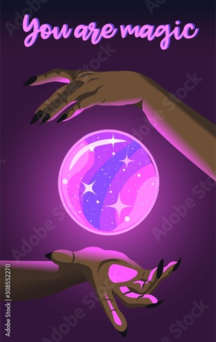 Black woman making a glowing and magic crystal ball to float. Poster with text,  witch predicting the future.